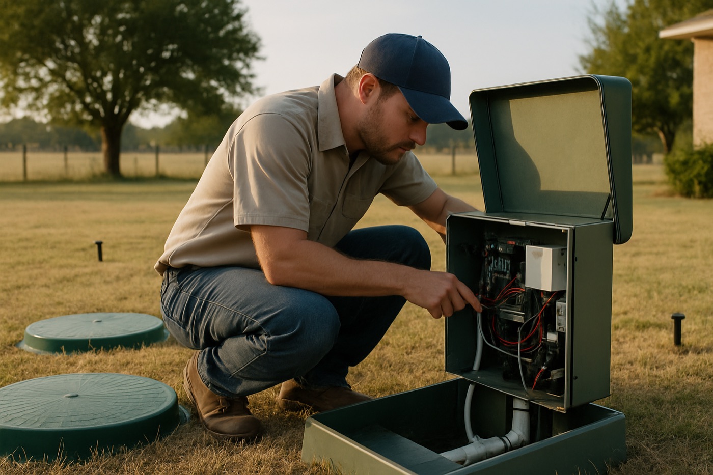 Technician inspecting an aerobic septic system control panel and tank lids in a Texas yard