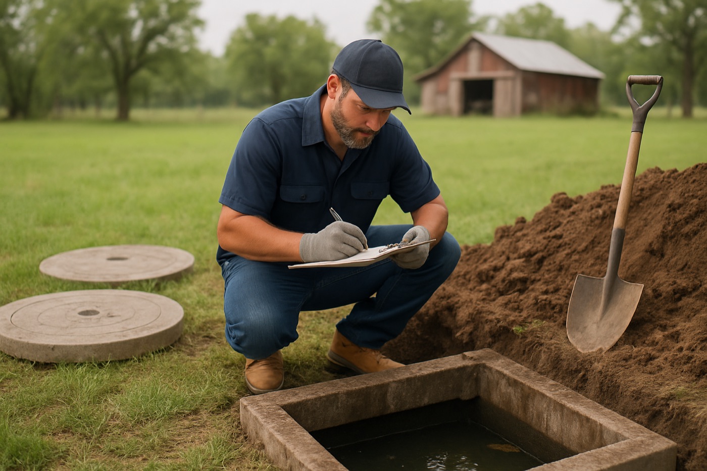 Septic professional inspecting an open septic tank with the lids excavated at a rural Texas property