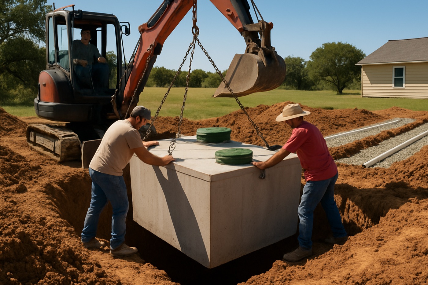Excavator installing a new septic tank and drainfield lines at a rural Caldwell County homesite