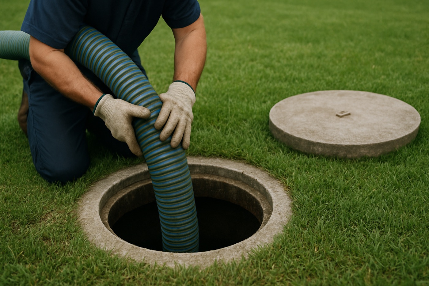 Vacuum truck hose pumping out a septic tank at a Caldwell County home